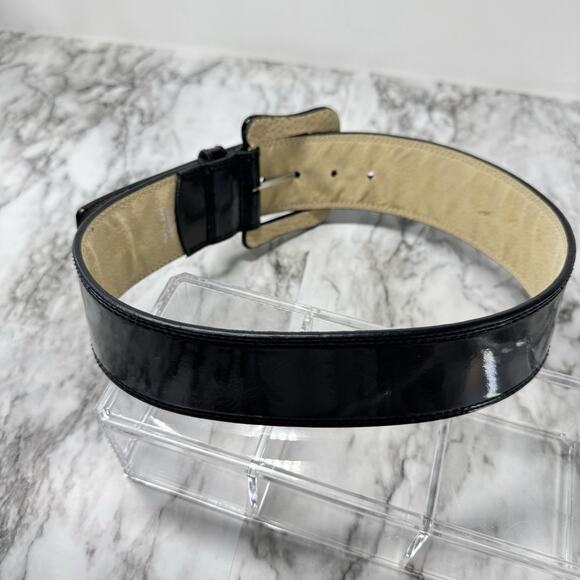 EXPRESS Wide Patent Leather Belt Black Self Covered Buckle S Pinup Retro VTG - Picture 2 of 8